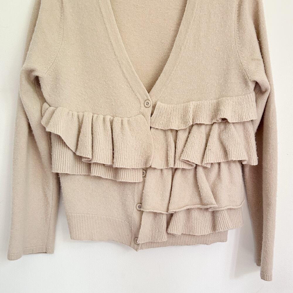 Garnet Hill Wool Ruffle Button Up Long Sleeve Cardigan Sweater Size M Cream - Picture 3 of 7